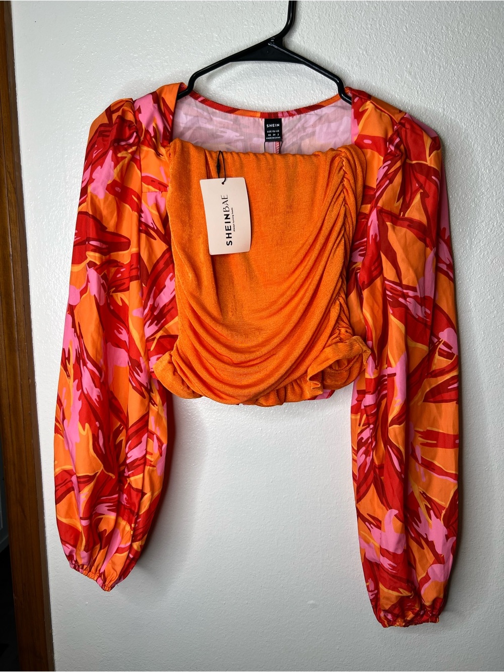 Shein Orange Pink Red Print Puff-Sleeve outfit